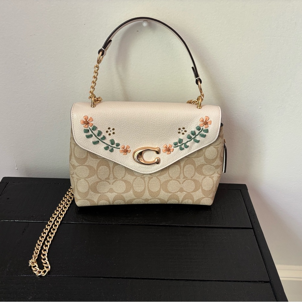 Coach Tan and Cream Quilted Shoulder Bag with Gold Chain